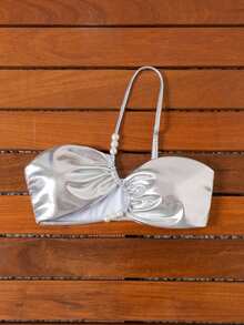 Swim SXY Top de bikini asimetric cu mărgele metalice încrucișate, sexy, pentru femei, de vară, la modă pentru plajă și vacanță - Argint - Vizualizare 5