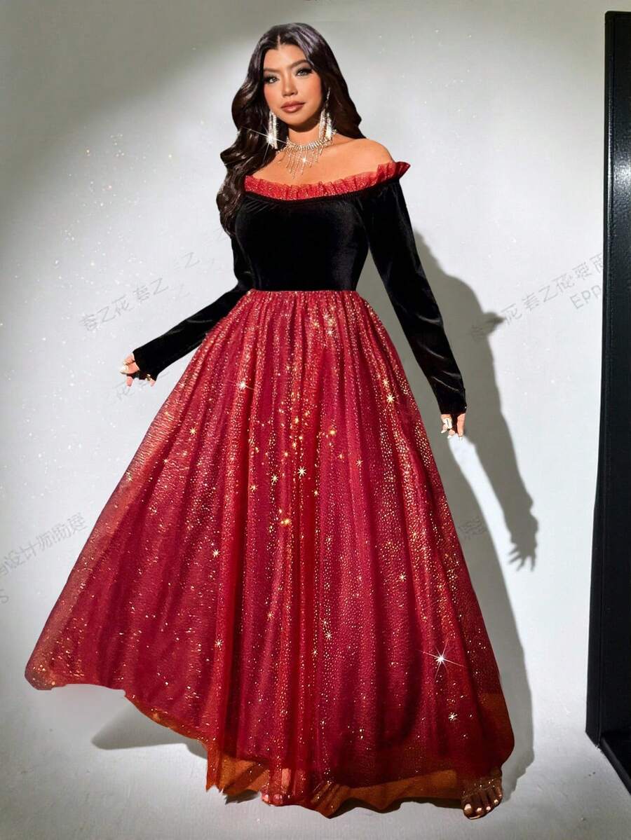 Viva Relle 大码女式露肩网眼飘逸长袖连衣裙，适合派对、婚礼宾客 - 彩色 - 查看 1