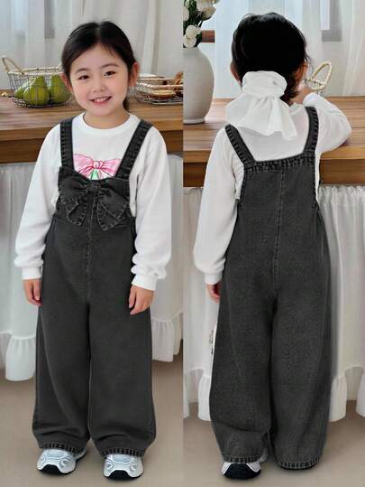 SHEIN 女童立体蝴蝶结蓝色牛仔宽松连体裤，适合春夏休闲度假乡村波西米亚风穿搭，也适合女童沙滩装、西部街头风、春假穿搭、锐舞派对装、节日牛仔连体裤，是年轻女孩度假的理想选择。