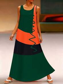 EMERY ROSE 女士彩色拼接圆领无袖连衣裙长款女装