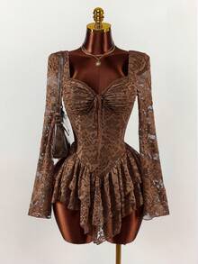 Y2K Amplova Women's Long Sleeve Mini Dress, Lace Long Sleeve Asymmetrical Hem Sexy Minimalist Bust Ruched Mini Dress, Suitable For Dates, Comes With Underpants To Prevent Exposure Simeon Slay Diva Dress Ronhire Coffee Brown Dress Brown Romper Women Christmas Outfit For Women New Year Dress Brown Sexy Dress - Coffee - View 9