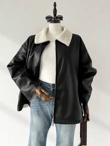 Auralis 大码女式秋冬时尚休闲宽松舒适日常保暖内衬黑色 PU 夹克、冬季外套、街头服饰、女士冬装