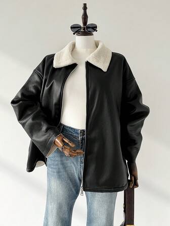 Auralis Plus Size Women's Autumn And Winter Fashion Casual Loose Comfortable Daily Warm Thermal Lined Black PU Jacket, Winter Coat,Street Wear,Women's Winter Clothes