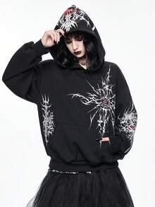 ROMWE Goth 哥特风荆棘与眼睛印花女士保暖内衬卫衣 - 黑色 - 查看 6