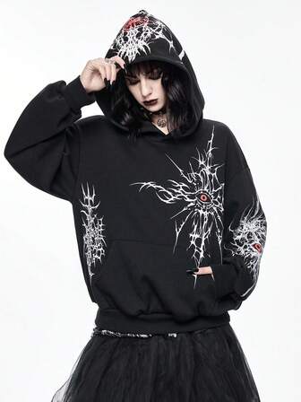Goth Felpa con cappuccio termica da donna stile gotico con stampa di spine e occhi