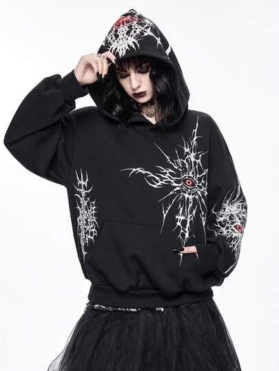 Goth sweat-shirt à capuche doublé thermique pour femmes, style gothique avec imprimé épines et œil