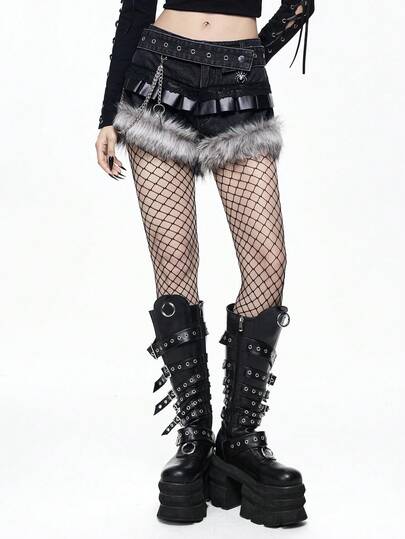 Grunge Punk Y2K Vintage Patchwork Furry PU Metal Spider Skull Pendant Super Short Denim Shorts