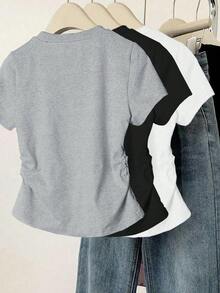 Playeras de mujer estilo casual simple estampado pequeño lazo tela suave color sólido ajustado cuello redondo manga corta primavera/verano set de 3 para oficina y diario - Multicolor - Ver 2