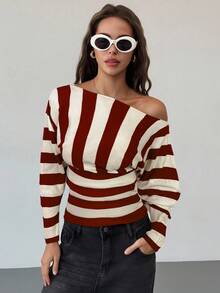 Aloruh Asymmetric Shoulder Black & White Striped Batwing Sleeve Cinched Waist Tight Fitted Young Lady Sweater - Burgundy - View 6