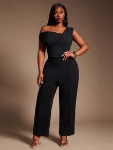 SHEIN SXY Plus Size Women's New Autumn/Winter Jacquard Fabric Digital Print Sleeveless Jumpsuit - Grey - View 3