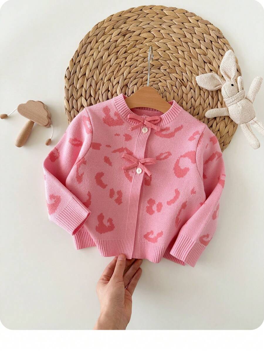 SHEIN Babygirl 休闲豹纹针织开衫，百搭秋冬 - 粉色 - 查看 1