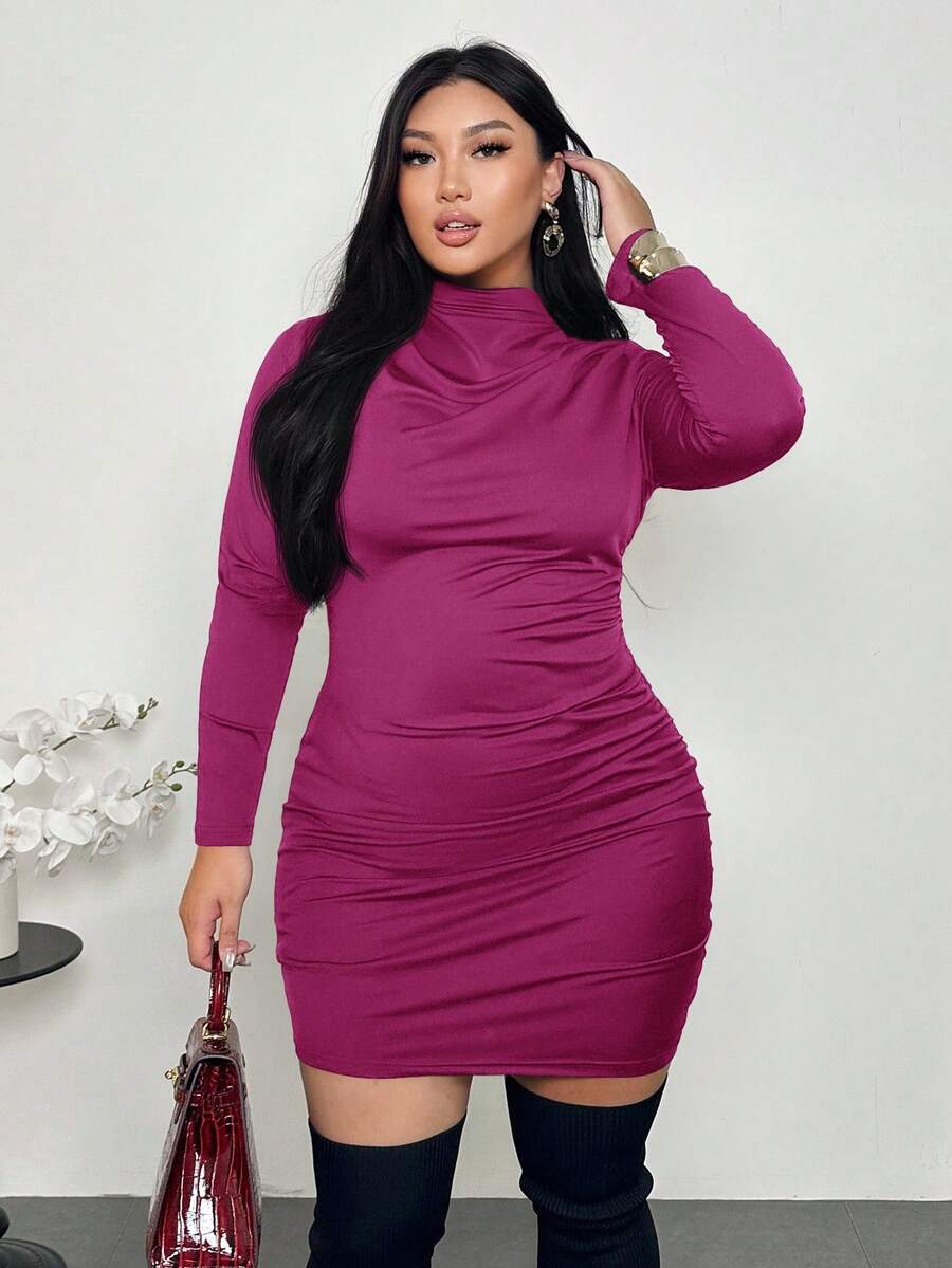 Firerie Plus Size Elegant Magenta Mini Bodycon Dress For Autumn, Ruched Fitted Night Out Club Dress,Commuter Curvy Style For Dates,Parties & Weddings - Hot Pink - View 1