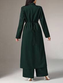 Heiryn 2 件套女士休闲条纹长外套和裤子套装，适合秋季 2 件套 - 墨綠色 - 查看 5