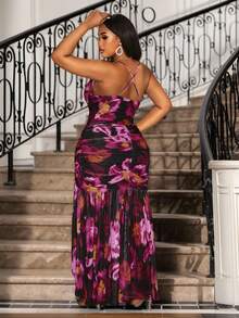 Hourglow Váy xẻ cao họa tiết hoa thanh lịch và gợi cảm cỡ lớn - màu đen - Xem 5