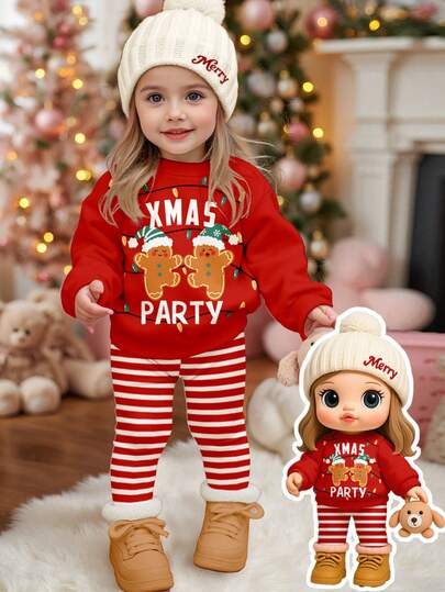 SHEIN Happikins 圣诞红条纹可爱圣诞卡通姜饼人图案印花女婴休闲柔软加厚圆领长袖卫衣和打底裤套装，适合秋冬季日常穿着、圣诞节、舒适季节、圣诞礼物、秋冬外出穿搭，轻松舒适，适合婴幼儿和女童秋冬叠穿，时尚女童，休闲装，女婴圣诞图案服装，秋冬服装，圣诞新款