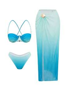 Swim SXY Conjunto de 3 piezas de traje de baño de mujer para vacaciones de verano, con falda de malla trenzada, estampado degradado y diseño informal - Multicolor - Ver 7
