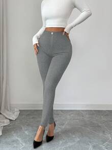 Elenzga Quần legging vải nhung tổng hợp lụa sữa thanh lịch cao cấp thiết kế giả có nút kim loại trang trí - Xám - Xem 3