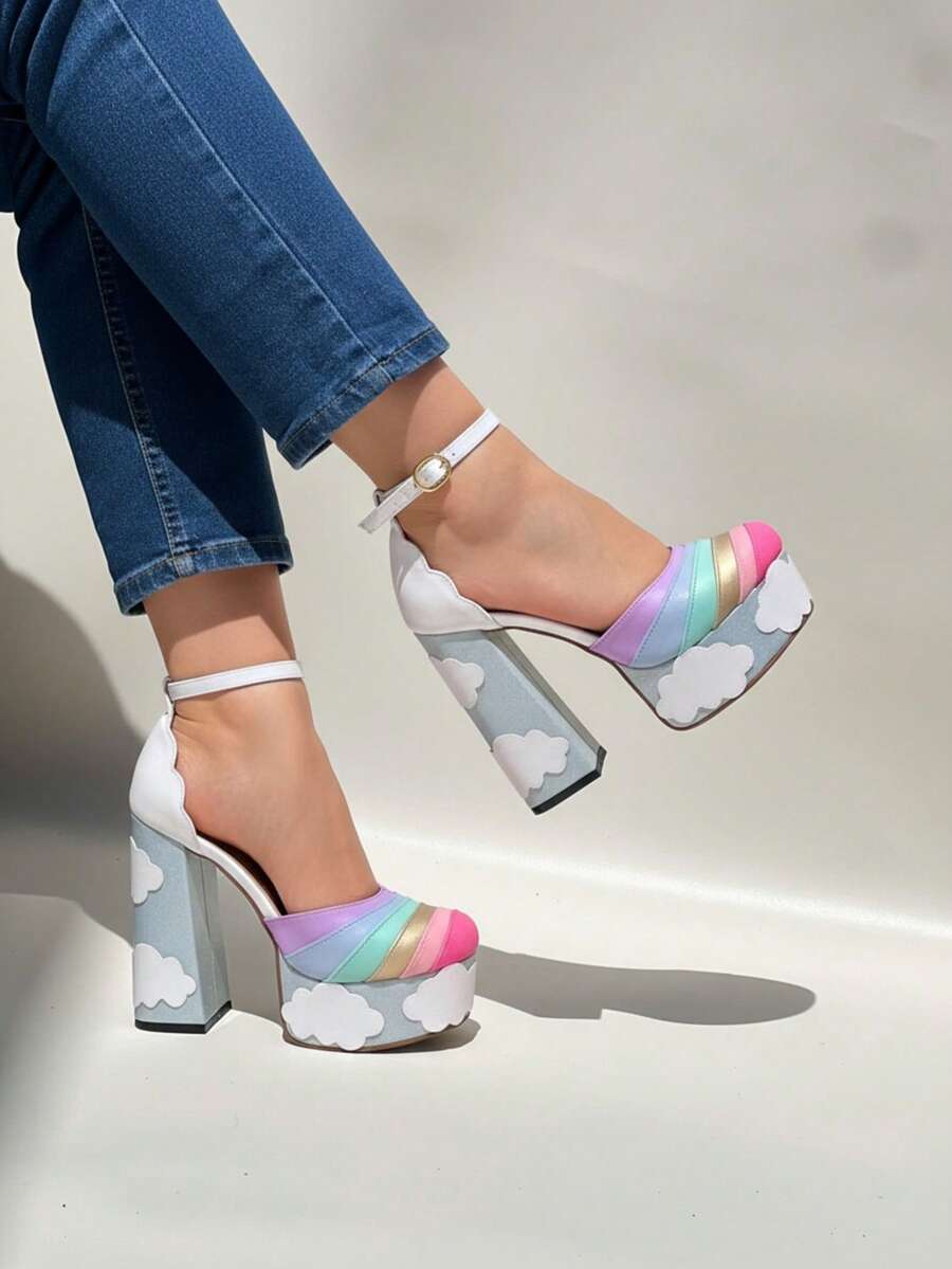 Mujer tacón alto arcoíris punta redonda estilo festivo plataforma primavera-verano - Blanco - Ver 1