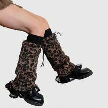 ROMWE Grunge Punk 1双可爱卡哇伊爱心豹纹白底阔腿套 - 咖黑色 - 查看 5