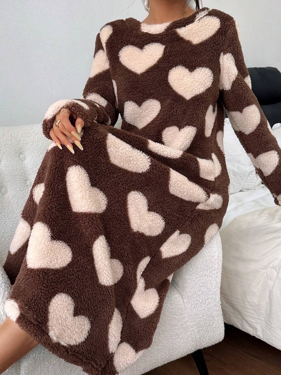 Snug Zone Women's Loose Casual Fluffy Big Heart Print Crew Neck Long Brown Lounge Dress Cute Fluffy Lounge Wear Pajama Dress , Cozy Winter Cute Lounge Set Heart Pajama Set Brown Pj Set Pajamas Lounge Set - Multicolor - View 1