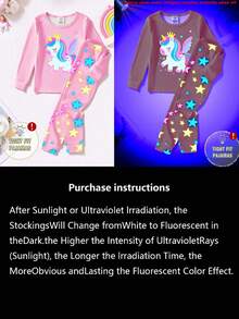 2 Piece Sets Snug Fit Pjs Young Girls Glow-In-The-Dark Cute Unicorn Print Crew Neck Knit Tight Fit Casual Comfortable Long Sleeve Top And Pants Pajama Set .This Product Requires UV Light Exposure To Glow.