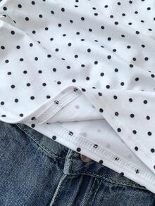 SHEIN Tween Girls White Knit Casual Minimalist Polka Dot Print Asymmetric Ruched Cropped Top, Suitable For Spring/Summer, Casual, Personalized Styling, Daily Wear