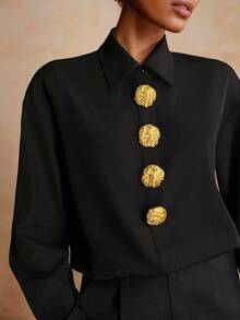 Vesra Women's Fashion Gold Decor Button Long Sleeve Top And Pants 2 Pieces Set Black Button Up Shirt - Black - View 1