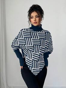 Selianne Women's Navy Blue Knitwear Rib-Knit Asymmetrical Long Pullover Sweater - Navy Blue - View 3