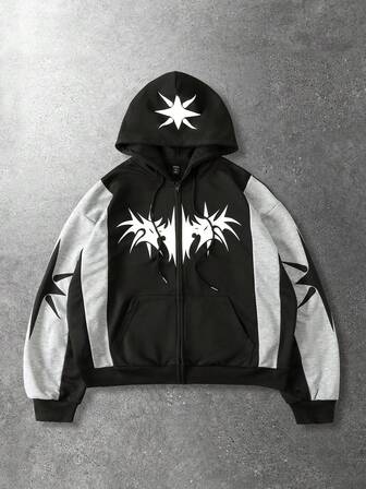 Street Life Felpa con cappuccio casual e alla moda da uomo, con stampa grafica a blocchi di colore e chiusura lampo, adatta per primavera/autunno