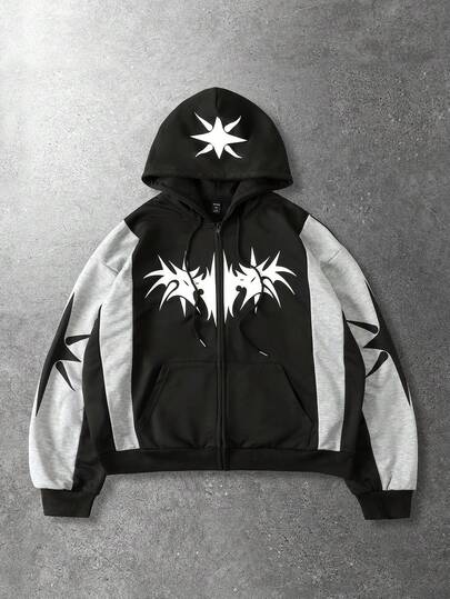 Street Life Men's Casual Fashionable Street Graphic Print Colorblock Zip-Up Drawstring Hoodie, Spring/Autumn