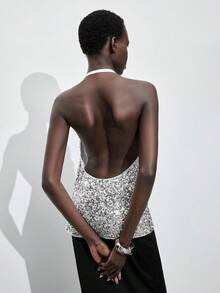 Maija Women's Solid Color Plunging Neckline Sequin Sexy Fashion Draped Neck Camisole Halloween Costumes Christmas Women's Clothing   Party Outfit Sequin Top  White Top Halloween Costumes  Sequin Top White Top Sexy Halloween Costumes For Women