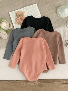 SHEIN 4件套女婴纯色针织长袖连体衣，休闲简约风格，适合室内、户外滑雪、日常穿着、运动、玩耍、派对、摄影、圣诞节以及秋冬季其他场合。 - 彩色 - 查看 10
