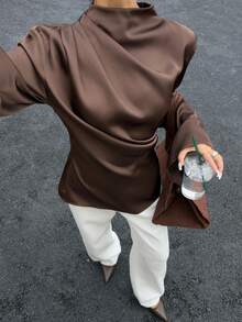 Siren Gaze 女士纯色缎面垂褶长袖衬衫，棕色，优雅女士衬衫，翻领上衣，垂褶衬衫，适合派对、日常休闲及其他场合，秋冬季 - 棕色 - 查看 6