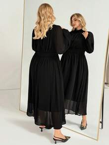 Auralis Plus-Size Women's/Fashionable Elegant Loose Comfortable, Everyday Sheer Chiffon Long-Sleeved Fitted Waist Dress Elegant Dress,Church Dress Outfits Spring - Black - View 2