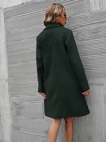SHEIN Clasi 女式纯色翻领长袖双排扣休闲羊毛大衣，秋冬 - 墨綠色 - 查看 2