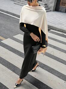 Siren Gaze Women's Dress Modest Fashion New Linen Long Dress For Women, Split Pleated Waist A-Line Dress, Elegant Long Dress, Sun Dresses For Women Holiday Wear, Imitation Linen Flowing Long Dress, Women's Elegant Commuter Colorblock Dress Black - Black - View 1