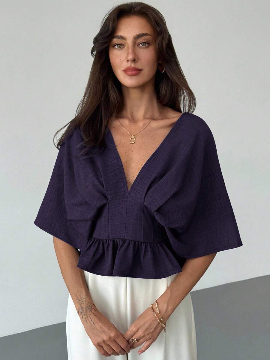 Aloruh Áo sơ mi tay cánh dơi màu trơn thanh lịch dành cho nữ - Màu tím - Xem 1