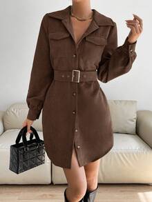 Siren Gaze 女士纯色前扣灯芯绒休闲长袖连衣裙 - 咖啡棕 - 查看 3
