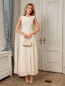 SHEIN Elenzya Sleeveless Ruffled Pleated Waist A-Line Elegant Romantic Sophisticated Women's Dress - Apricot - View 4
