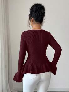 SHEIN Elenzya Women's Elegant Metal Buckle Cuff & Ruffle Hem Design Long Sleeve Sweater, Autumn/Winter - Burgundy - View 2