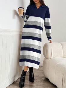 Modelyn Váy len kẻ sọc phối màu thường ngày dành cho nữ, Thu/Đông - Màu xanh hải quân - Xem 3