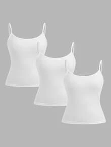 SHEIN Girlism 少女三件套休闲修身吊带背心，适合夏季穿着，复古可爱，甜美少女风，夏季外出必备，居家休闲，返校季，秋季女童服装，百搭白色上衣三件装，修身背心，白色吊带背心 - 白色 - 查看 3