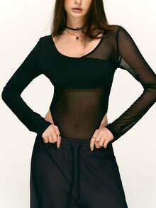 Rina Fox 女式性感网眼拼接透视长袖紧身衣，春夏秋装 - 黑色 - 查看 6