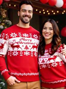 Manfinity VCAY Herren Weihnachts-Element-Muster Strickpullover, Slim Fit Rundhals Langarm Pullover, Herbst/Winter Roter Pullover Herren Weihnachts Strickpullover Herren Weihnachtspullover Männer Grafik Pullover für Herren - Rot - Übersicht 5
