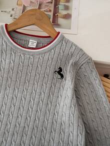 Sparklyn 女童撞色刺绣优雅上衣和百褶裙套装 - 灰色 - 查看 4