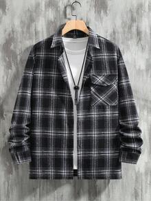 Manfinity Homme Áo khoác kẻ caro dài tay thường ngày cho nam, Áo khoác kẻ caro vải nỉ mùa đông - màu đen - Xem 7