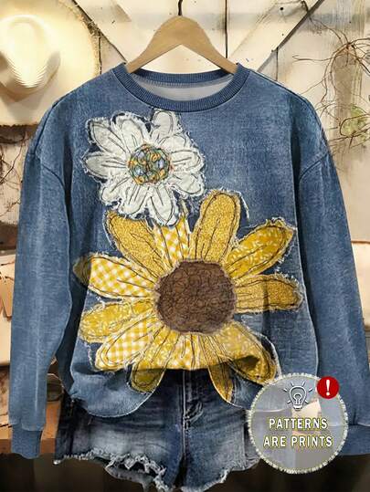 EMERY ROSE Women's Comfortable Autumn/Winter Sweatshirt, Sunflower Floral Print, Suitable For Outdoor, Sports, Stylish Design, Casual Wear, Shopping, Travel, Holiday