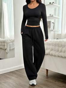 SHEIN PETITE Bộ 2 áo thun dài tay cổ tròn ôm vừa vặn màu trơn và quần dài cho nữ, màu đen, nhỏ nhắn, thu đông - màu đen - Xem 9