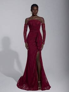 Elitara 优雅奢华的弹力蕾丝露肩无肩带连衣裙，配有可拆卸的薄纱袖子、荷叶边下摆和性感开衩，适合婚礼、派对、度假、晚宴、正式活动、情人节等场合。 - 紫紅色 - 查看 4