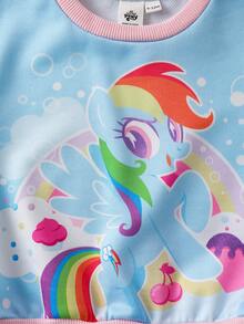 My Little Pony X SHEIN Baby Girl Cute Blue Cartoon Rainbow Striped Sweatshirt, Autumn/Winter - Blue - View 5